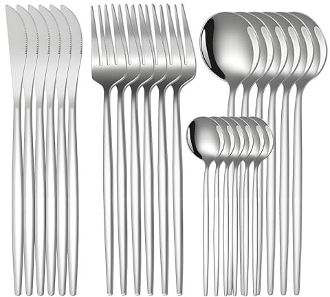 24-Piece Cutlery Set, Stainless Steel Flatware Set,Tableware Silverware Set for 6 with Spoon Knife and Fork Set Service,Dishwasher Safe/Easy Clean/Mirror Polished(Silver-Rounded)