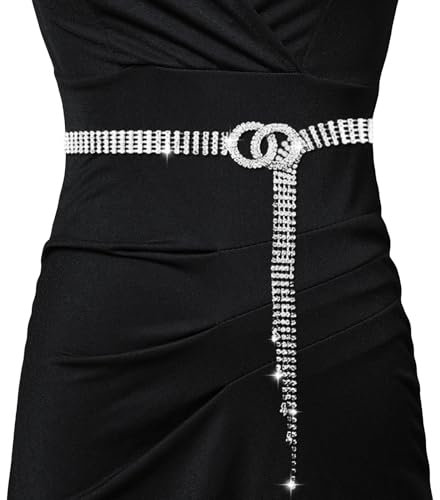 UILYNIU Strass Taillengürtel für Damen Kristall Taillenkettengürtel Kristall Kettengürtel für Frauen Verstellbarer Taillen Gürtel Kettengürtel für Jeans Kleider(Silber)