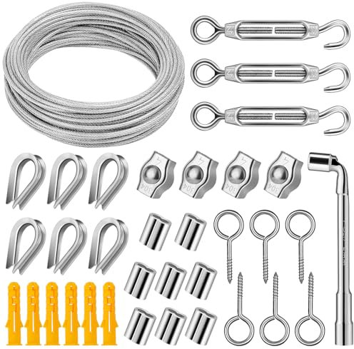 DIYLAND 20m/3mm Stainless Steel Wire Rope Kit, M4 Turnbuckles Wire Tensioner Kit for Climbing Plants, Outdoor String Lights Hanging, Fence, Picture, Securing Shade