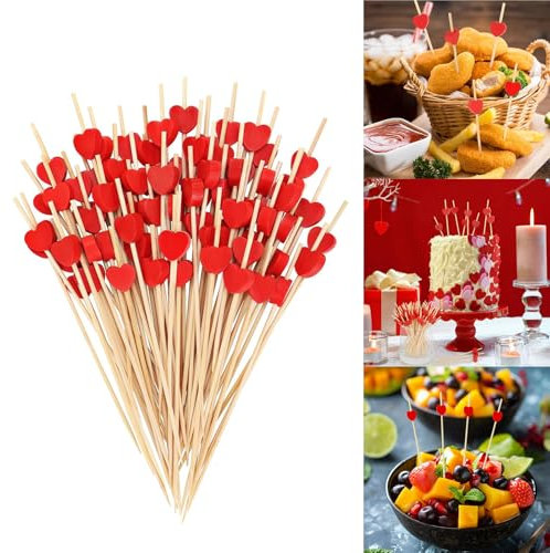100 Stück Herz-Cocktailspieße, 12 cm, Rote Holzspieße für Getränke, Vorspeisen und Partydekoration, Dekorative Holzspieße für Party, Getränke, Hochzeit
