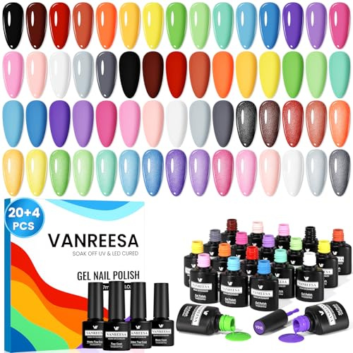 VANREESA 20 Colori Smalto Semipermanente Unghie, 24 PCS Kit Semipermanente Unghie con 1 Base e 3 Top Coat Smalti Semipermanenti per Unghie Rosso Blu Viola, Kit Unghie Gel Completo Regalo per Donne