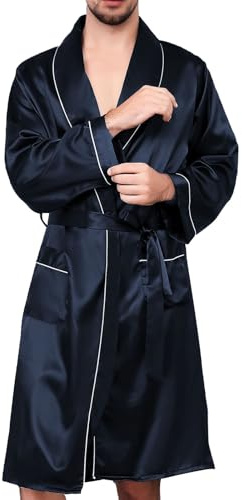 Generisch Vestaglia kimono da uomo in raso con pantaloncini, set di biancheria da notte leggera, pigiama da uomo, comodo e morbido, set di vestaglia e pantaloni corti, tuta da casa, O blu navy, XXL