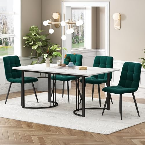YAIXBNG matgrupp (5 delar), matbord med 4 stolar, modernt köksbordsset, 140 × 80 cm köksbord med svarta metallben, MDF-bordsskiva i vitt, mörkgrön sammet matrumsstolar