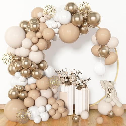 BlueCloudy 153pcs Kit de Arco de Guirnalda de Globos Arena Blanca, Diferentes Tamaños 45 30 25 12 cm, Globos de Látex Beige Crema Champagne Oro Metálico con Confeti para Decoraciones de Cumpleaños