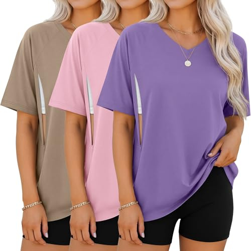 Sweetyweee 3 Pack Women's Oversized Nursing Shirts with Hidden Zip Breastfeeding Tops Short Sleeve Raglan Maternity Clothes(Khaki, Pink, Purple,Large)