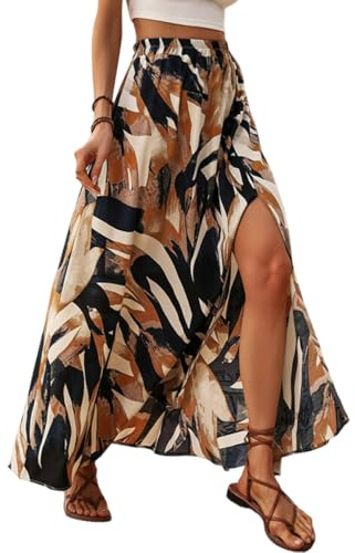 ABINGOO Jupe Longue Femme Été Taille Haute Élastique Bohème Jupes Fendue | A-Ligne Imprimé Fleur Fluide Boho Élégant Décontractée Plage Jupe avec Fente Latérale