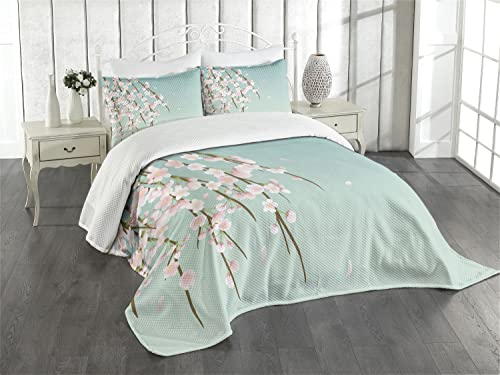 ABAKUHAUS Weeping Blume Tagesdecke Set, Kirschblüte, Set mit Kissenbezügen Sommerdecke, für Doppelbetten 220 x 220 cm, Babyblau Hellrosa und Taupe