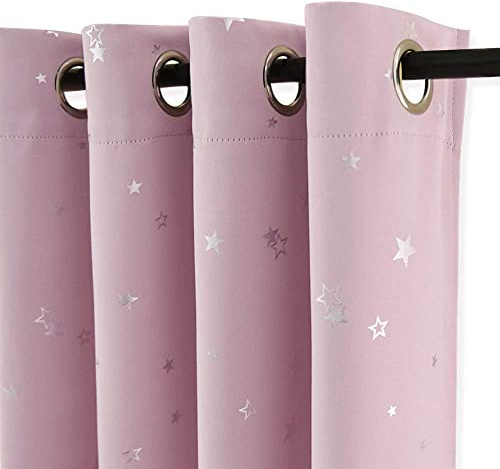 PONY DANCE Star Foil Printed Kids Curtains, Pink, 52x63 Inch | Eyelet Blackout Girls Curtains for Nursery & Bedroom, Thermal Insulated & Noise Reducing, Privacy Protected, 2 Panels