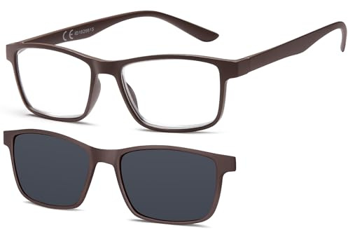 NEW VISION Gafas de Lectura, Gafas con Clip Magnético para Gafas de Sol, Protección 100% UVA y UVB, NV8126 Gafas de Lectura con Clip para Hombres y Mujeres (MARRON, 2, x)