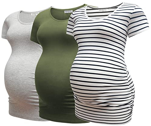 Bearsland Womens Maternity Tshirt 3 Packs Classic Side Ruched Tee Top Mama Pregnancy Clothes,witstripe+LightGray+ArmyGreen,L