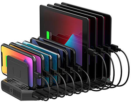 Unitek - Estación de Carga (60 W, 10 Puertos, estación de Carga USB, multidispositivo, con separadores Ajustables y SmartIC, Compatible con teléfono, Tableta y más