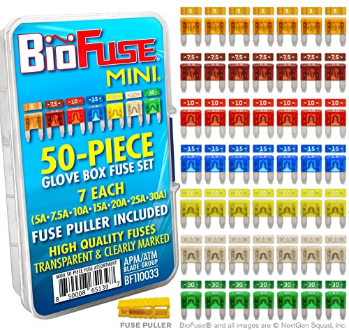 BioFuse MINI APM ATM 50 Piece Automotive Car Fuse Assortment Glove Box Set (49 Mini Blade Fuses + Fuse Puller) 5A 7.5A 10A 15A 20A 25A 30A