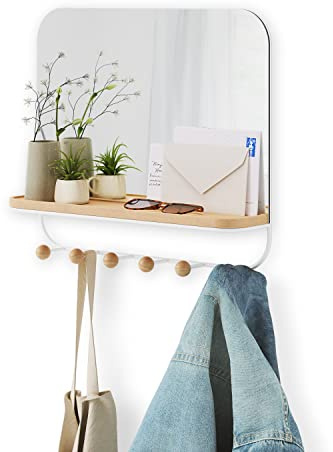Umbra Estique Wandspiegel mit Ablage und 6 Haken, Accessoire Organizer für den Eingang, Weiss
