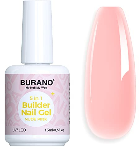 BURANO 5 in 1 Builder Base Strengthening Gel 15ml 0.5 oz, Gel Nail Polish for Hard Gel Nail Extension Quick Building Gel, Builder Gel in a Bottle for Nail Pro & Beginner (Nude pink)