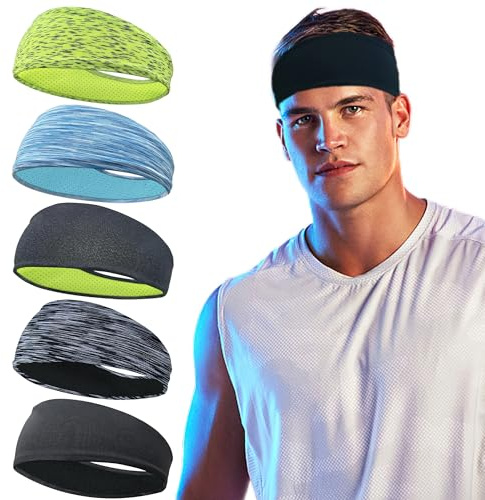 5 Pack Sports Headband for Men, Thin Breathable Design, Reused & Washed Mens Headband Sweat Bands for Running Yoga Football Fitness Workout
