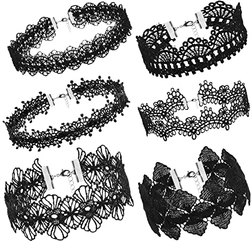 Yolev 6er Set Stretch Halskette Choker - Schwarz Spitze Tattoo Gothic Halskette für Frauen & Mädchen, Einheitsgröße