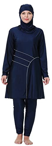 Plus Size Muslim Swimsuits for Women Modest Islamic Swimwear Burkini Full Cover Hijab Long Sleeve Muslim Dress Top Pants Cap Set 3PCS Sun Protection Rash Guard Bathing Suits Navy Blue Print 4XL