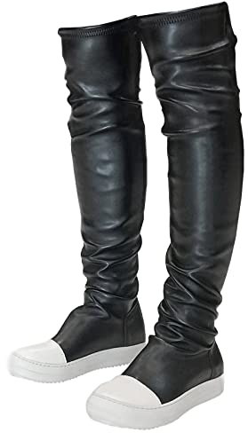 MOFEEDOUKA Stivali alti alla coscia da donna piatti sopra il ginocchio con punta rotonda, nero, 40.5 EU