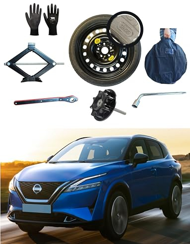 Kit Roue de secours 17 compatible avec Nissan Qashqai (2014>) avec Cric, Clé, Vis, Gants et Sac 135/90R17