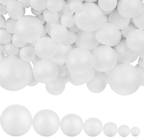 LOPYXBR 320 Bolas de poliestireno en 7 tamaños, Bolas de Espuma Blancas para Manualidades, Pintar y Decorar Poliespan para Escuela, Fiestas, Navidad y proyectos DIY