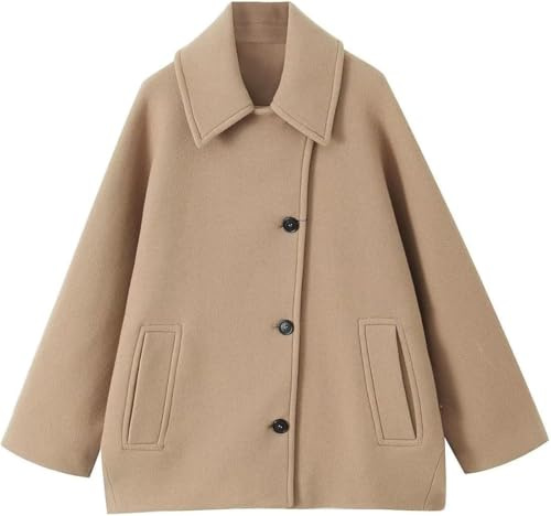 Cappotto Monopetto Elegante da Donna Caldo con Risvolto Abbottonato e Tasche Stile Street Fashion Giacca Corta in Tweed Maniche a Mantella (Cammello,S)
