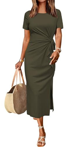 Newshows Summer Dresses for Women UK Casual Long Maxi Dress Tie Waist Elegant T Shirt Sundress with Split Army Green,M