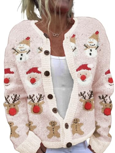 Women's Funny Fall Winter Long Sleeve Christmas Tree Elk Santa Claus Xmas Button Knit Cardigan Sweater Vintage Knitted Outerwear(Christmas-Winter,XXL)