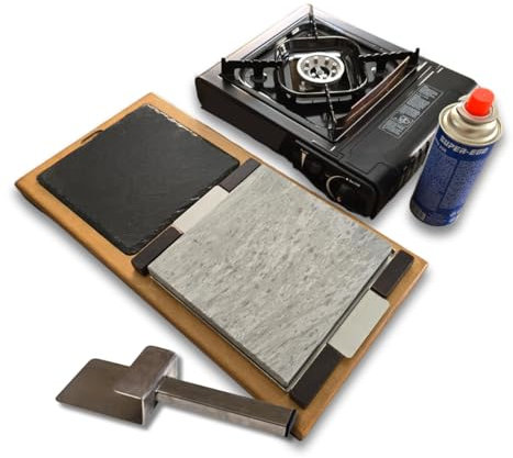 Piedrasar Set de Piedra Volcánica 20x20 cm para Asar Carne, con Plato de Pizarra y Cocina Portátil para Calentar la Piedra
