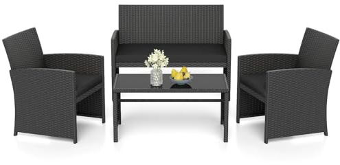 GIANTEX Set Salotto Esterno 4 Pezzi in Rattan PE, Divano 2 Posti + 2 Poltrone + Tavolo Basso con Piano in Vetro, Arredamento da Giardino per Terrazza e Patio, Nero