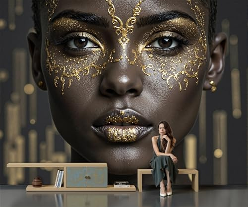 GSAEIMCT Art Papel Tapiz Fotográfico Mujeres Metálicas Papel Pintado Grupos Étnicos Africanos Seda 300X210Cm Pared Sala Cuarto Póster Oro Negro