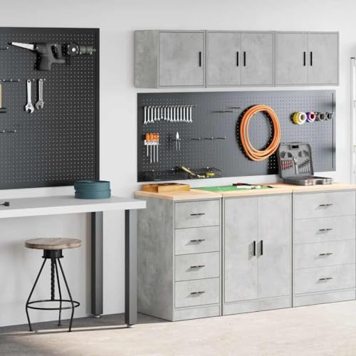 Lot de 2 armoires de garage en bois gris béton avec plan de travail en bois massif, 40 x 51 x 85 cm, armoire à porte battante pour atelier, entrepôt, garage avec étagère et tiroir pour l'ordre et la