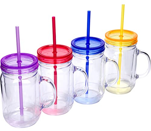 Zephyr Canyon Plastic Mason Jars with Handles, Lids and Straws | 20 oz Double Insulated Tumbler with Straw | 4 Pack Set of 4 | Wide Mouth Mason Jar Mugs | Cups for Kids and Adults…