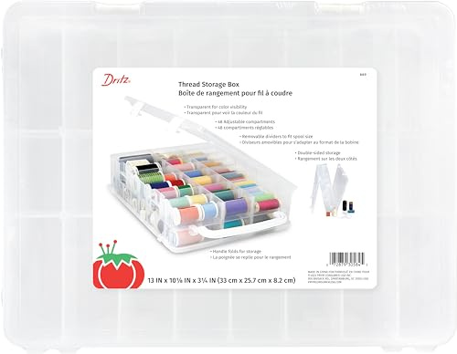 Dritz Thread Storage Box Organizer - Double-Sided 48 Adjustable Compartments, Clear Portable Latching Case with Handle