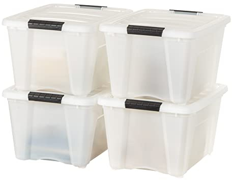 IRIS USA Aufbewahrungsbox aus Kunststoff mit Deckel und Riegeln, BPA-frei, diskrete Organisationslösung, langlebige, stapelbare Behälter, sicherer Ziehgriff, Perlmutt, 32 QT