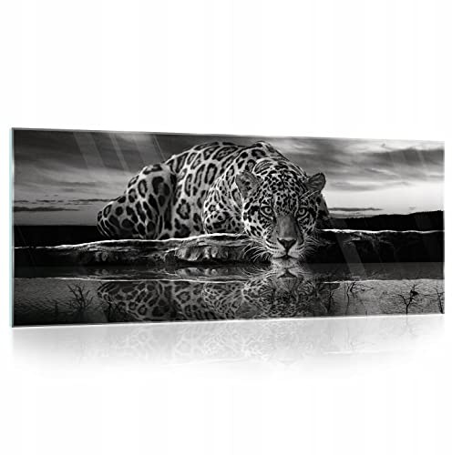 WallArena Glasbild 125x50 cm Tiger Schwarz Weiss Tiere Leopard Modern Glasbilder Badezimmer Schlafzimmer Bilder auf Glas einteilig Deco Glass Querformat Wandbilder Aufhängfertig