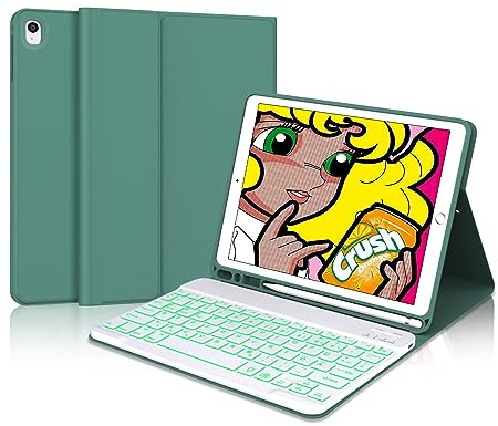 IVEOPPE Tangentbord för iPad nionde generationen, fodral med tangentbord för iPad 10,2 tum (9,8/7:e generationen), magnetiskt avtagbar 7-färgad belysning med QWERTZ tangentbord för iPad Air 3 och Pro