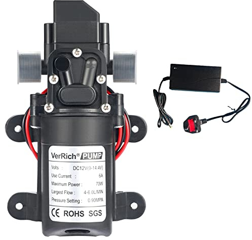 VerRich G1/2 tum 20 mm 12 V vattenpumpar högtrycksmembranpump med strömförsörjning för vattenkran, husbil, husvagn