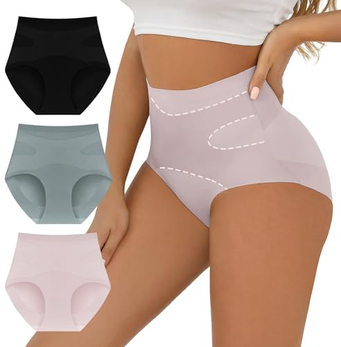 FallSweet No Show Tummy Control Underwear for Women High Waisted Panties Comfy Briefs Pack（mixcolor3,Large