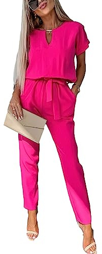 amropi Mono de Manga Corta para Mujer Cuello V Mono de Verano Elegante Pantalones con Cinturón Rojo Rosa,XL