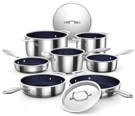Nuwave Pro-Smart 9pc Stainless Steel Cookware Set, Healthy Duralon Blue Non-Stick Ceramic Coating, Heavy-Duty Tri-Ply Construction, Ergonomic Stay-Cool Handles, Induction-Ready & Works on All Cooktops