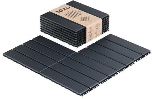 IDZO Plastic Interlocking Deck Tiles - 9PCS Waterproof Outdoor Flooring, All Weather Use Patio Tiles, Decking Stripe Pattern, 11.81 x 11.81 x 0.91 Inches, Dark Grey