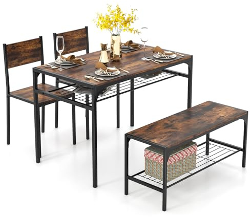 COSTWAY Dining Table and 2 Chair Set with 1 Bench, Industrial Gathering Bench Set with Storage Rack, Metal Frame Dining Room Furniture for Home Kitchen (Rustic Brown)