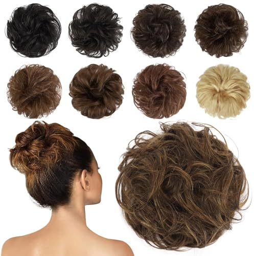 FESHFEN Human Hair Messy Buns, 100% Human Hair Bun Hair Piece Real Hair Extension Wavy Curly Hair Scrunchies Tousled Updo Chignon Hairpieces for Women Girls, Dark Brown Mixed Blonde