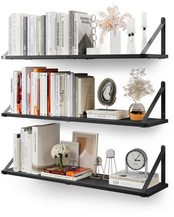 CASSA ZENO Wall Mounted Floating Book Shelves for Wall Set of 3, 80cm x 20cm Shelf Bookshelf for Bedroom Living Room Office Bathroom Kitchen Rustic Wood with Metal Bracket (Black)