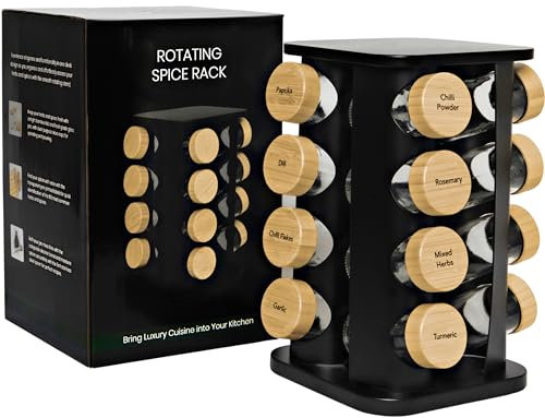 My Luxury Cuisine Portaspezie girevole, porta spezie estetico per armadio interno o autoportante, organizer ideale per spezie con 16 barattoli per spezie con coperchi ed etichette per ordinare