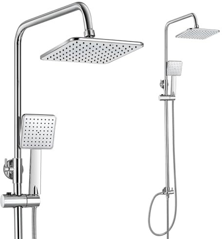 GOYOXOKY Duscharmatur Komplettset, Duschsystem ohne Armatur mit 8” Regendusche Duschkopf und 4” Handbrause, Verstellbare Duschsäule Edelstahl Duschset mit Messing Duschumsteller, Chrom
