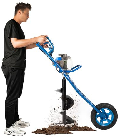 Tarière à essence 2 temps 63CC avec roue en caoutchouc – Réservoir de carburant : 1,3 l / Diamètre des forets : 60-300 mm, diable pliable à une seule roue 2,2 KW, 8800±300 tr/min (bleu)