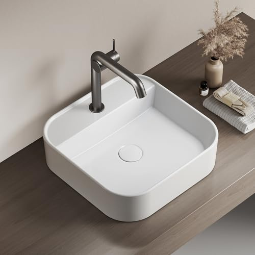 EMKE Lavabo da Appoggio Rettangolare – Lavabo per Bagno e WC Ospiti – 40 × 40 × 11 cm, Lavabo in Ceramica,Bianco Lucido