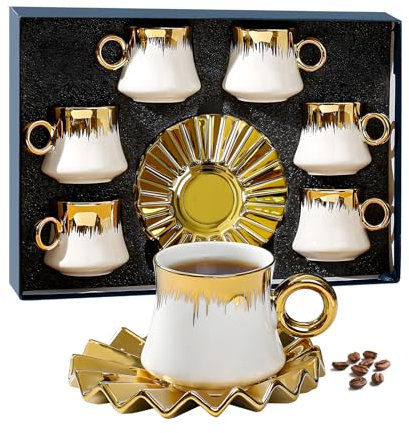Coffee Cups Set​, 12-Piece 3 oz/90ml Mini Porcelain Demitasse Cups with Stackable Saucers, ​Luxury White & Gold Design, Gold-Plated Rim, ​Gift for Turkish Coffee, Espresso, or Italian Mocha Lover