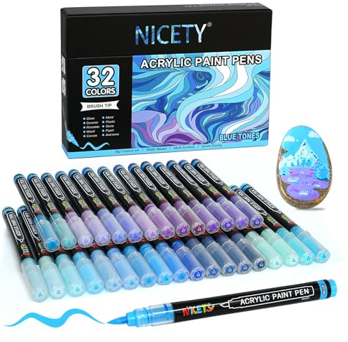 NICETY 32 Colores Rotuladores Acrílicos - Marcadores de Pincel para Pintura en Piedra, Madera, Vidrio, Cerámica - Punta de Pincel 1-6mm, Rotuladores Acrílicos a Base de Agua (Azul)